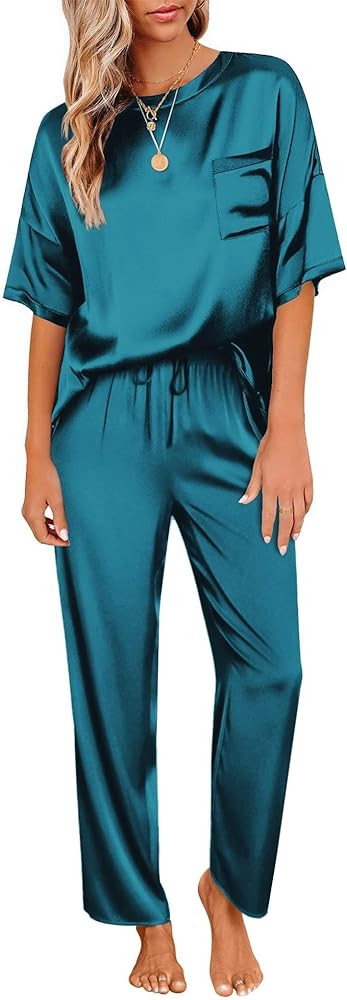 Ekouaer Womens Satin Silky Pajama Set Short Sleeve Shirt with Long Pajama Pant Set Soft PJ Lounge... | Amazon (US)