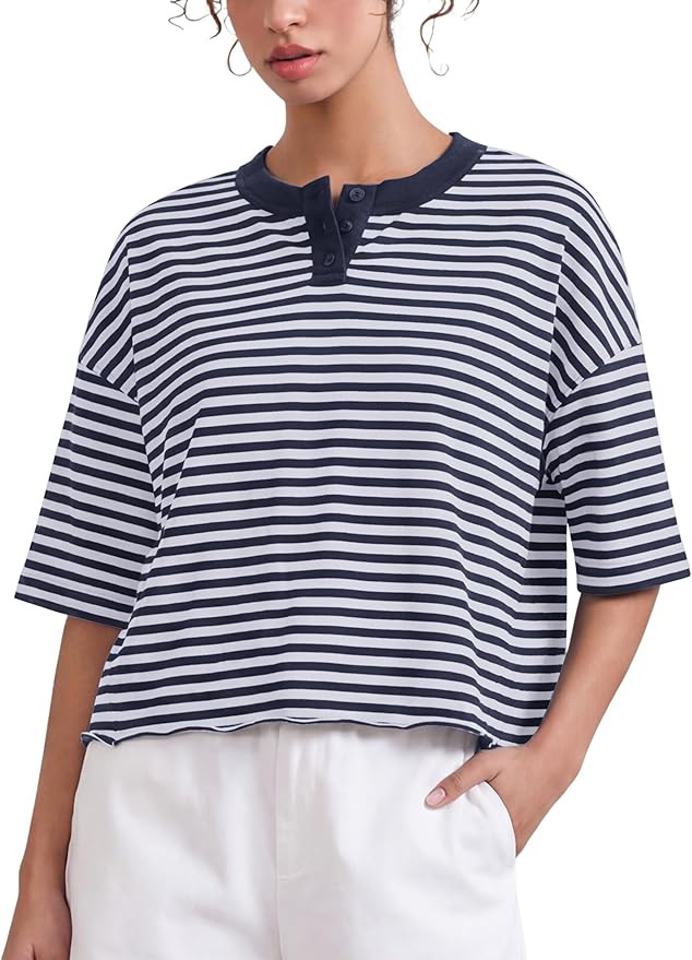 Meladyan Women's Stripes Henley T Shirts Cropped Boxy Tees Oversized Crewneck Short Sleeve T-Shir... | Amazon (US)