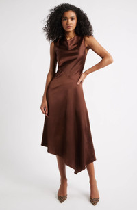 Click for more info about Cowl Neck Asymmetric Satin Midi Dress