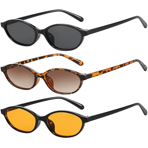 MUNSADE Retro Oval Cat Eye Sunglasses for Women Y2k Trendy Small Oval Sun Glasses 90s Narrow Style (3 Pack) (3 Pack (Black+Tortoise+Orange)) | Amazon (US)