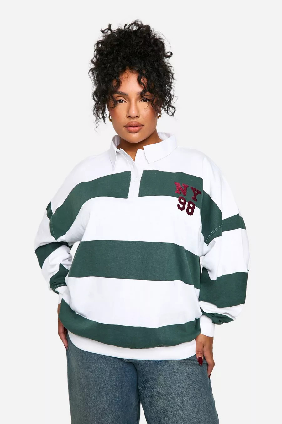 Plus NY STRIPE COLLARED RUGBY SHIRT | boohoo (US & Canada)