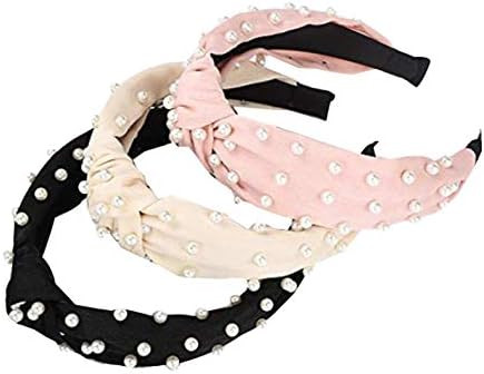 3 Pieces Faux Pearls Headband Wide Hair Hoop Velvet Vintage Twisted Headwear，Pearl Elastic Hair... | Amazon (US)