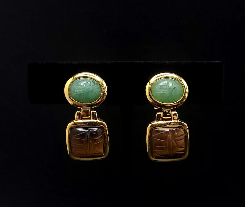 Vintage KJL Scarab Gemstone Dangle Clip-On Earrings | Etsy (Global)