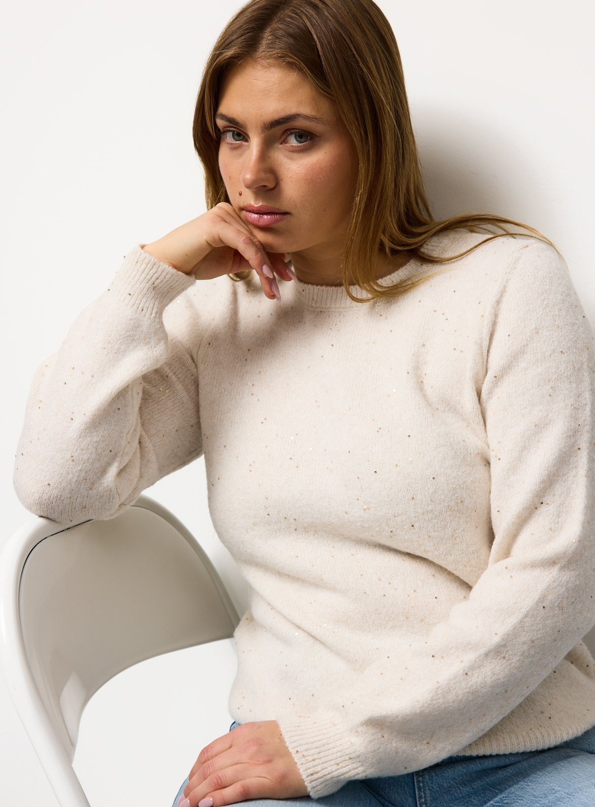 Cream Sequin Embellished Crew Neck Jumper | Tu Clothing