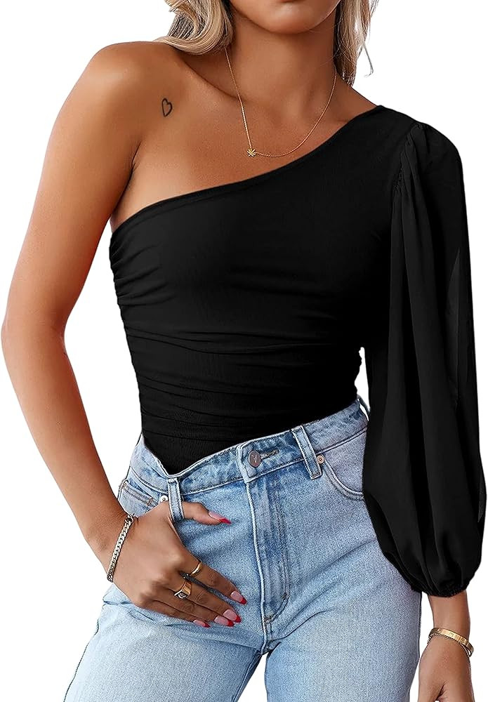 MASCOMODA Womens Fashion 2024 Spring Mesh Long Sleeve One Shoulder Tops Solid Stretch Ruched Lant... | Amazon (US)