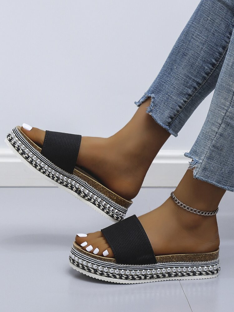 Women Studded Decor Single Band Sandals, Vacation Black Fabric Wedge Slide Sandals | SHEIN