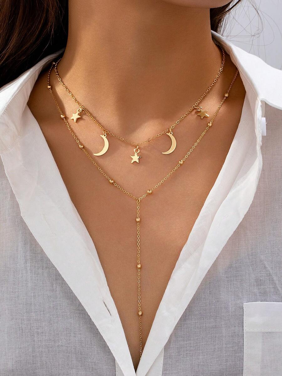 1pc Minimalist Star & Moon Design Layered Y-Necklace, Versatile Choker For Girls Everyday Wear, S... | SHEIN