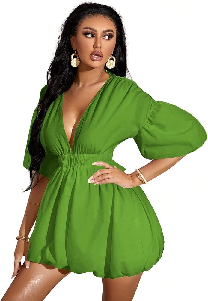 WDIRARA Women's Deep V Neck Puff Sleeve High Rise Flare Dress Elastic Waist Dress | Amazon (US)