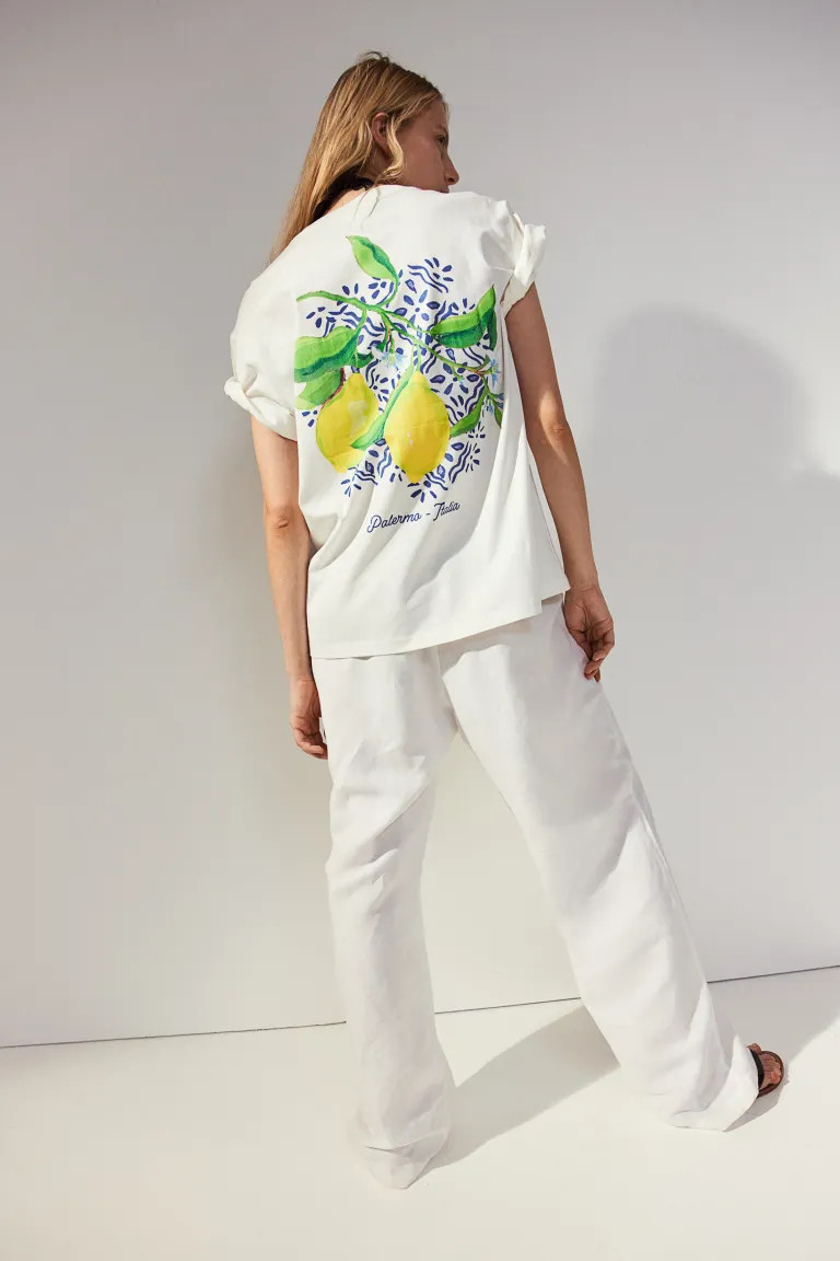Printed T-shirt - Round neck - Short sleeve - White/Lemons - Ladies | H&M GB | H&M (UK, MY, IN, SG, PH, TW, HK)