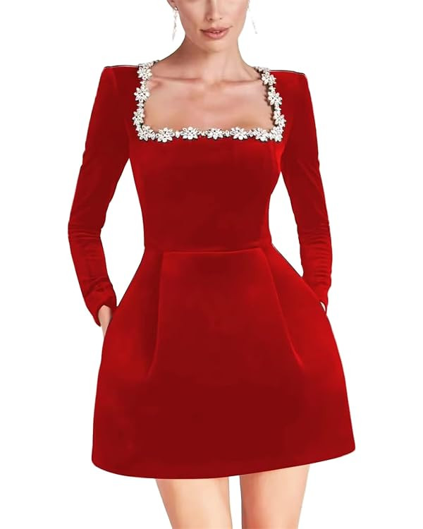 Crystal Square Neck Wedding Dresses for Brides Long Sleeve Velvet Short Bridal Gowns with Pockets | Amazon (US)