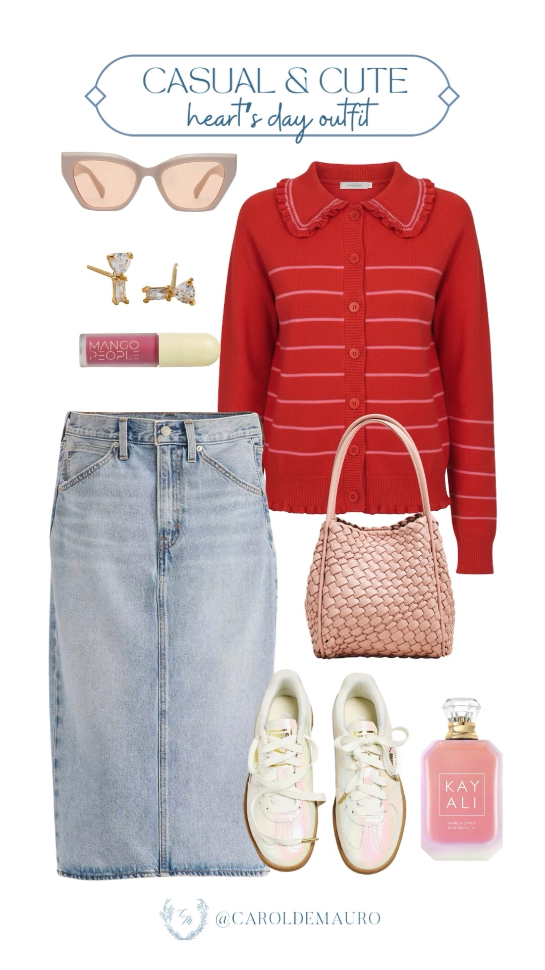 Something simple and casual for your date this Valentine's! Wear a red collared cardigan sweater paired with a denim skirt and Puma Palermo sneakers. Make sure to wear a cute pink lippie and add a spritz of sweet perfume.

valentines day, hearts day fit, valentines look, casual cute, sweater weather, galentines style, soft girl aesthetic, ootd

#LTKSeasonal #LTKValentine #LTKU