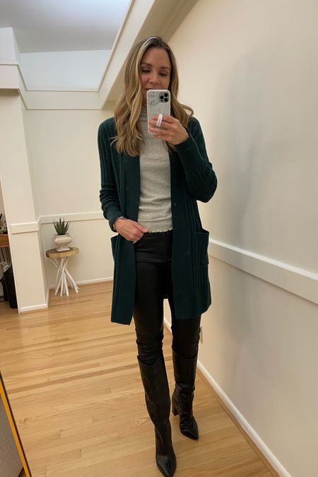 Sunday ootd! Long ribbed cardigan, coated jeans, talk black boots. Wearing 25 in jeans and xs in cardigan. 

Loft, schutz, casual outfit, office, teacher outfit, workwear, thanksgiving outfit, sale alert 

#LTKsalealert #LTKworkwear #LTKunder50