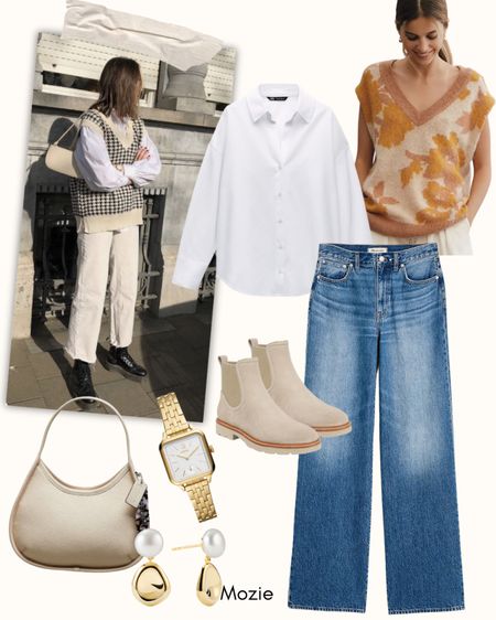 Fall Causal Chic Office Outfit. White button down, sweater vest, wide leg jeans, a coach shoulder bag, suede Chelsea books, a gold watch and jewelry.

#LTKSeasonal #LTKstyletip #LTKworkwear