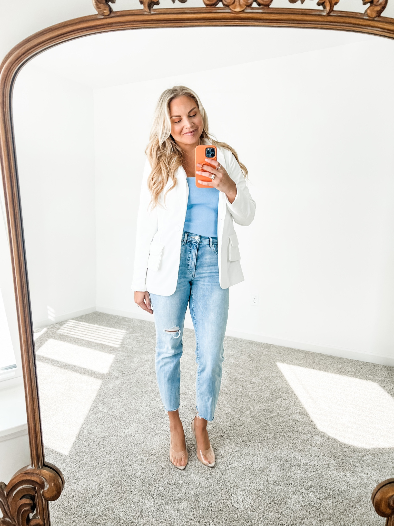 Work causal outfit, blazer,pumps, clear heels, blue top, tank top, white, work clothes. Jeans. Express, Amazon. Gold jewelry, spring clothing. 

#LTKworkwear #LTKstyletip #LTKshoecrush