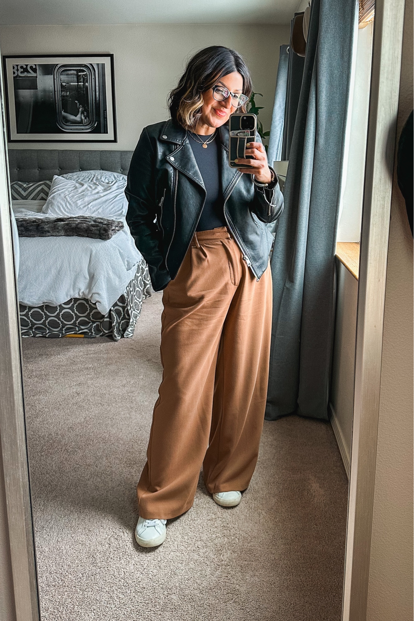 Skims bodysuit (L), faux leather Moto jacket (M), Abercrombie wide leg pants (L), veja sneakers 

#LTKSeasonal #LTKshoecrush #LTKstyletip