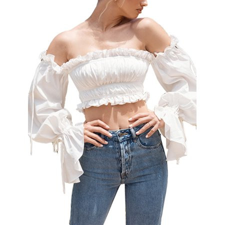 wybzd Womens Summer White Off The Shoulder Flared Bell Sleeve Ruffle T-Shirt Crop Tops | Walmart (US)