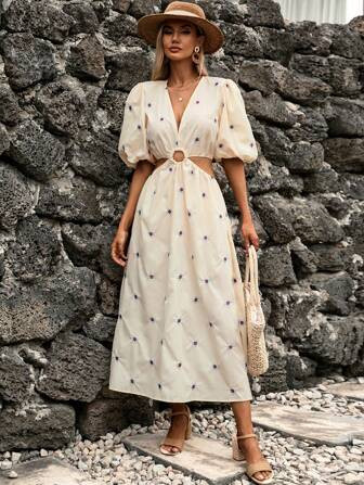 SHEIN Frenchy Floral Print Ring Linked Cut Out Waist Puff Sleeve Dress | SHEIN