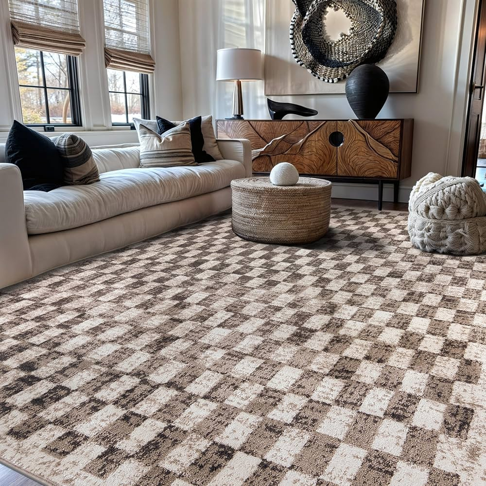 Rugshop Beige Checkered Area Rug – Textured Grid Pattern Carpet for Living Room, Bedroom, or Of... | Amazon (US)