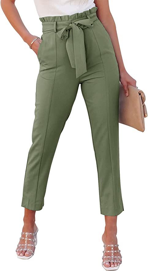 Metietila Women’s Casual Paper Bag Pants High Waisted Tie Pants Trousers with Pockets | Amazon (US)