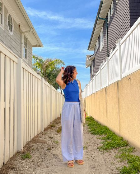 spring summer casual outfit, poplin pants, high neck tank top, sandals, beach tote bag, outfit inspo

#LTKstyletip