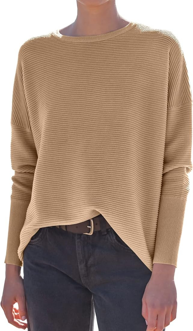 ANRABESS Women’s 2023 Fall Long Batwing Sleeve Drop Shoulder Crewneck Casual Ribbed Knit Sweate... | Amazon (US)
