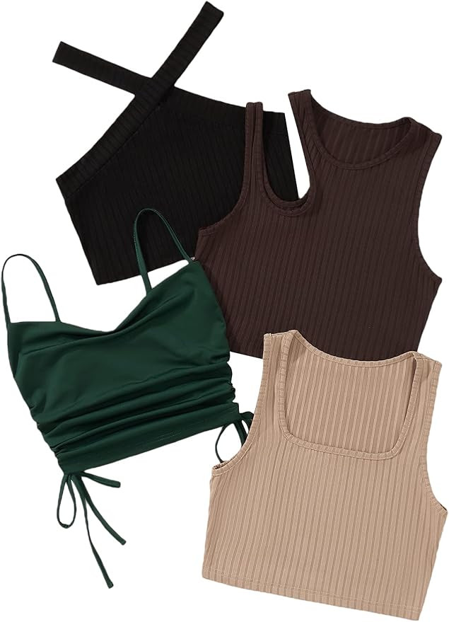 Milumia Women's 4 Piece Ribbed Knit Cut Out Drawstring Sleeveless Crop Tank Tops Set | Amazon (US)