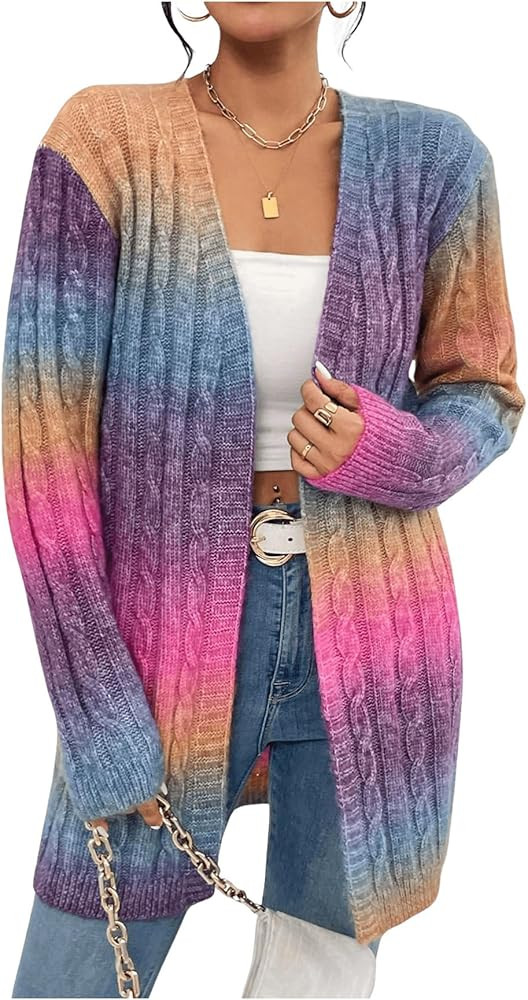 BEAUDRM Women's Ombre Print Cable Knit Cardigan Sweater Long Sleeve Open Front Loose Outwear Fall... | Amazon (US)