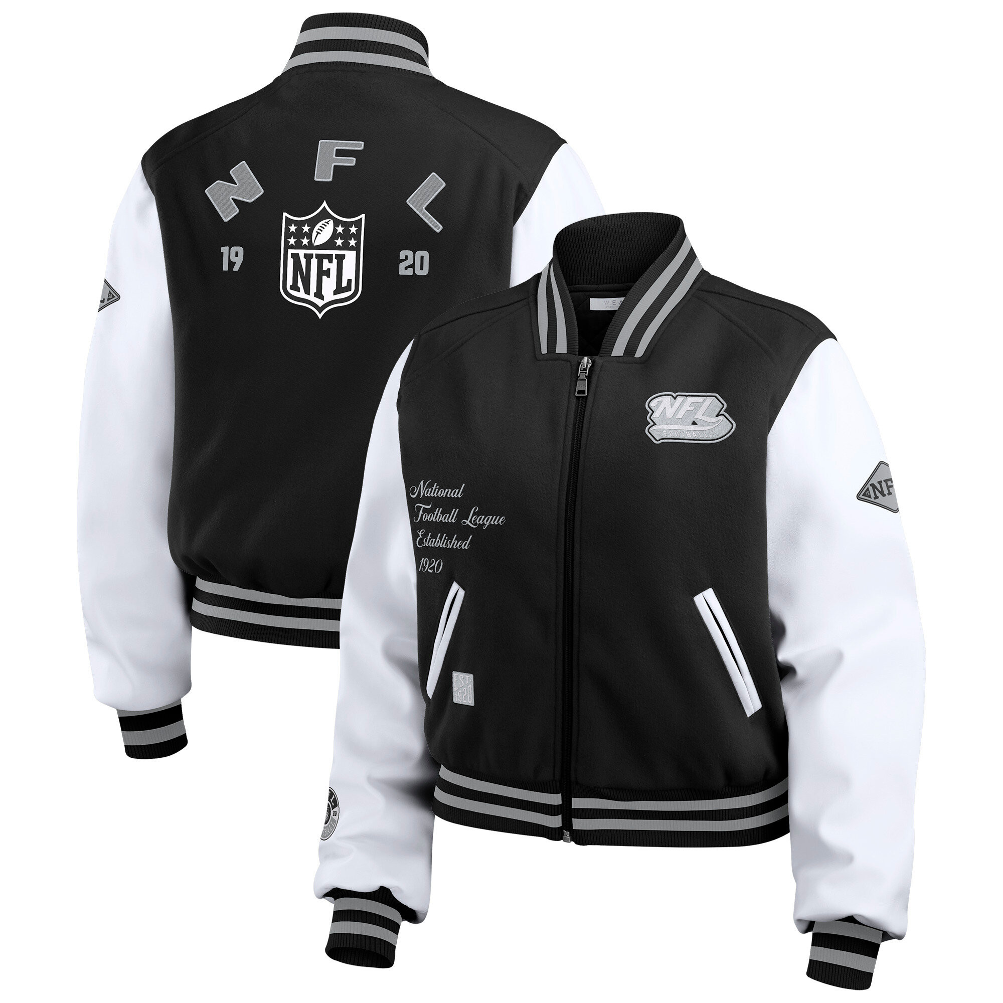 Women's WEAR by Erin Andrews Black/White NFL Varsity Full-Zip Jacket | Fanatics