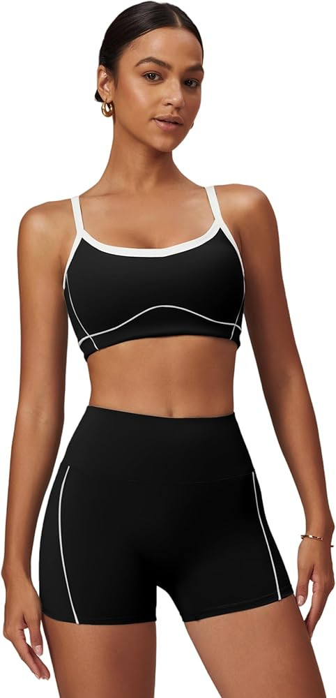 ABOCIW Workout Sets for Women 2 Piece Contrast Trim Sports Bra High Wasit Biker Shorts Gym Set | Amazon (US)