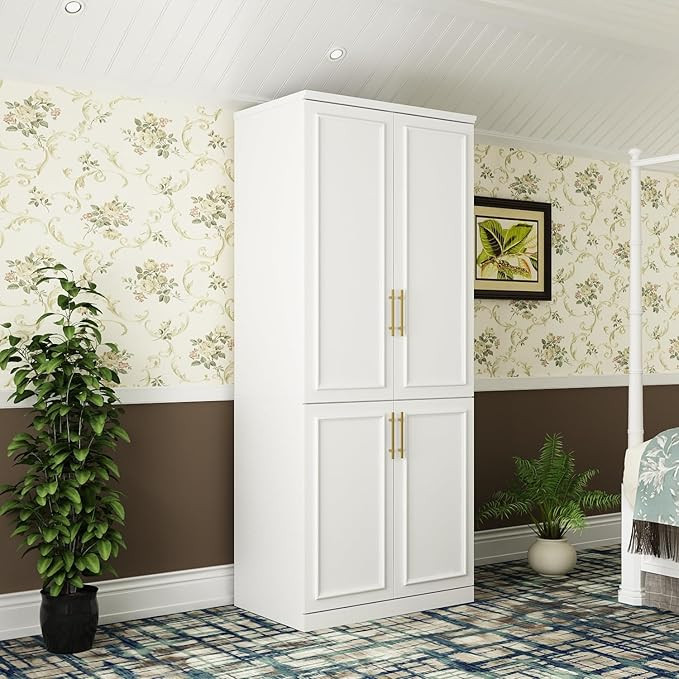 MOUMON Modern Wardrobe Cabinet with Hanging Rod, White Armoire Closet with Gold Handles, 4-Door w... | Amazon (US)