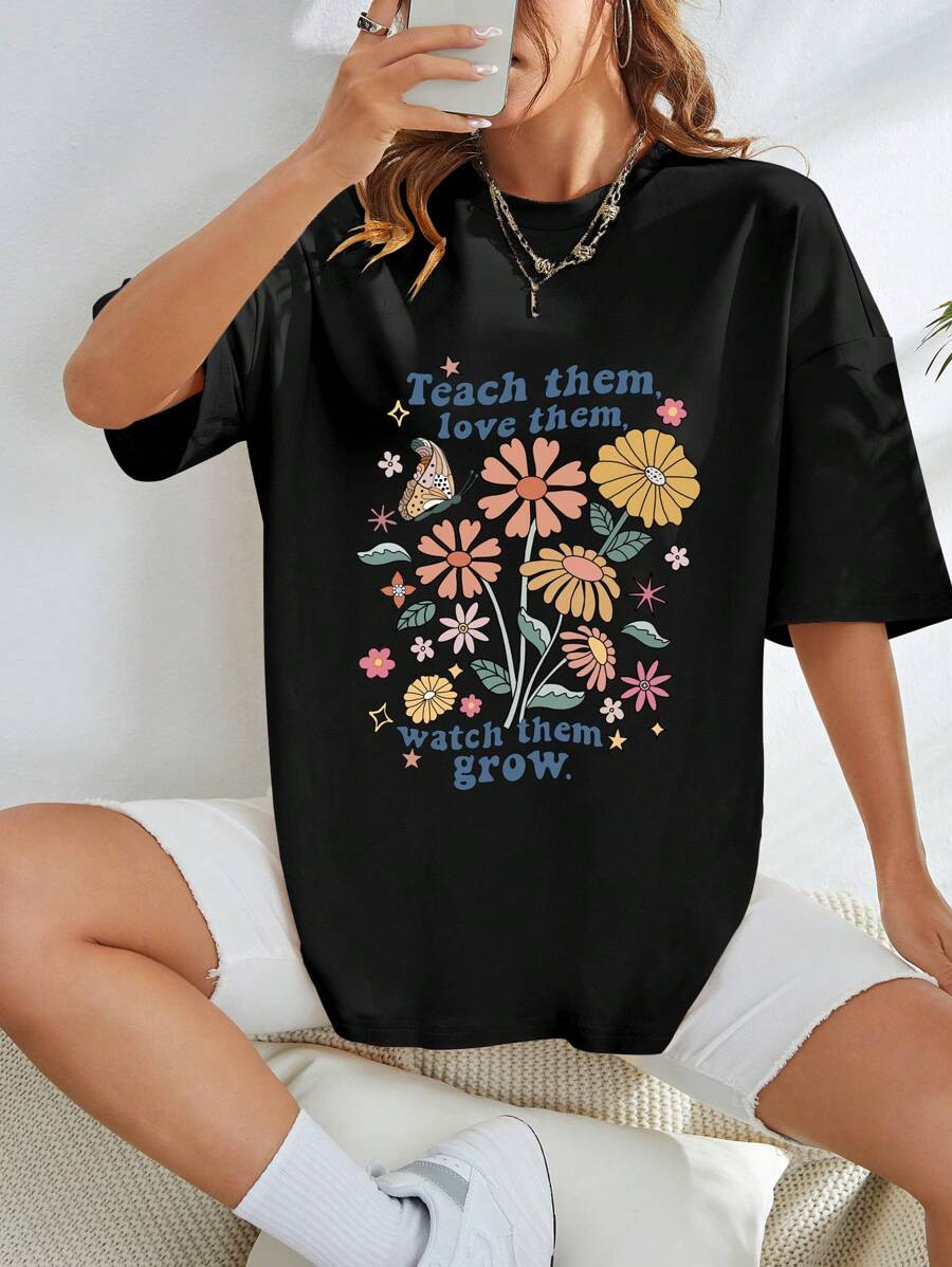 SHEIN EZwear Floral And Slogan Graphic Drop Shoulder Tee | SHEIN