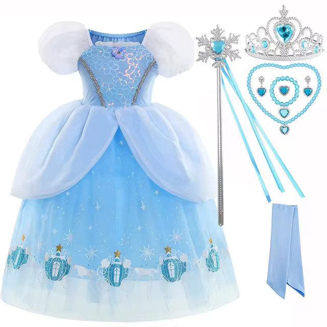 Disney Cinderella Princess Dress Baby Cosplay Costume Blue Clothes Girls Sequins Dress Birthday P... | AliExpress (US)