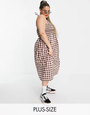 COLLUSION Plus shirred halterneck gingham midi sundress in brown | ASOS (Global)