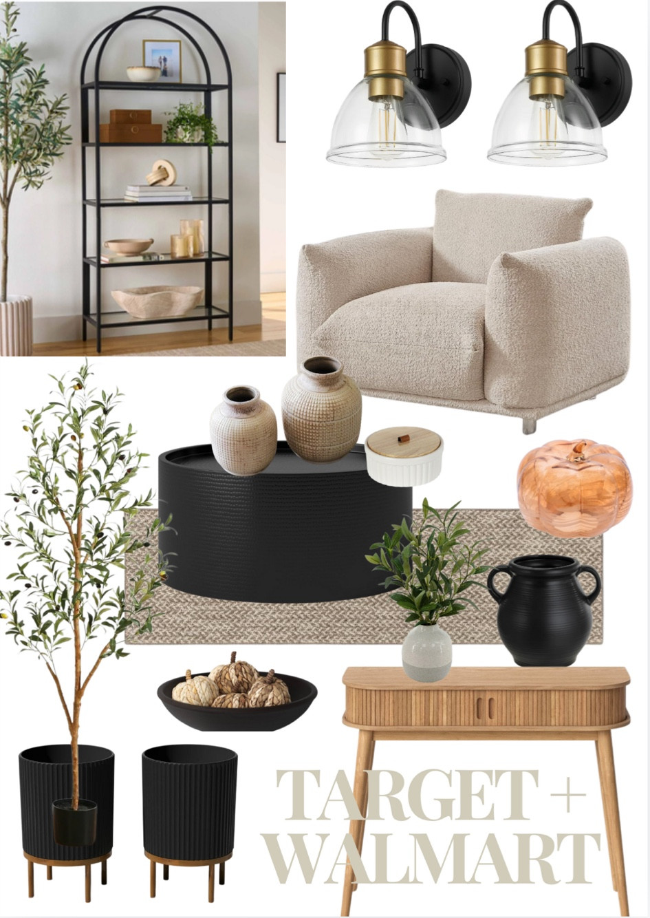 Walmart home, fall home edit, living room, neutral living room, faux tree indoor, indoor artificial plants, stone, natural woven, wicker, console table, entryway table, black round coffee table, tabletop vase, shelf decor, shelf case decor, runner rug, linen beige arm chair, black bookshelf, small home office, family room, sitting room, ceramic pumpkin, black indoor tree plant planters pots , Walmart home, home remodel home decor modern minimal neutral home 