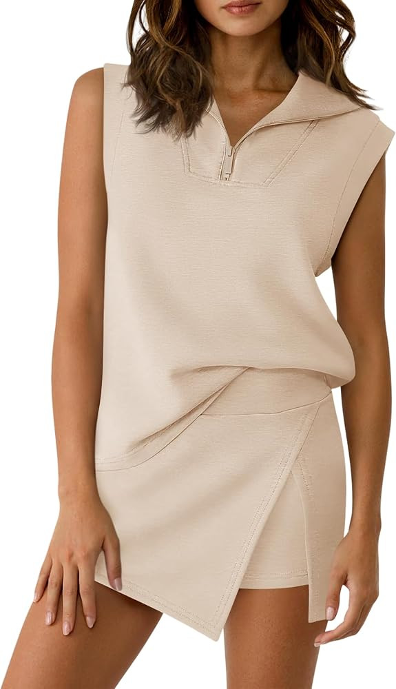Yeokou Womens 2 Piece Skirt Sets Casual Sweatsuits Summer Sleeveless Half Zip Sweatshirt Athletic... | Amazon (US)