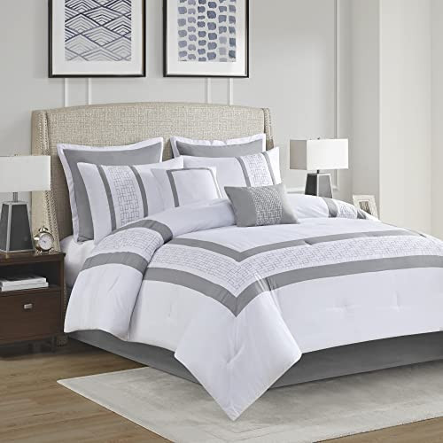 510 DESIGN Powell Cozy Comforter Set, Hotel Style Border Design with Geometric Embroidery Details, All Season Bedding with Matching Sham, Decorative Pillow, Bedskirt, King(104"x92"), White 8 Piece | Amazon (US)