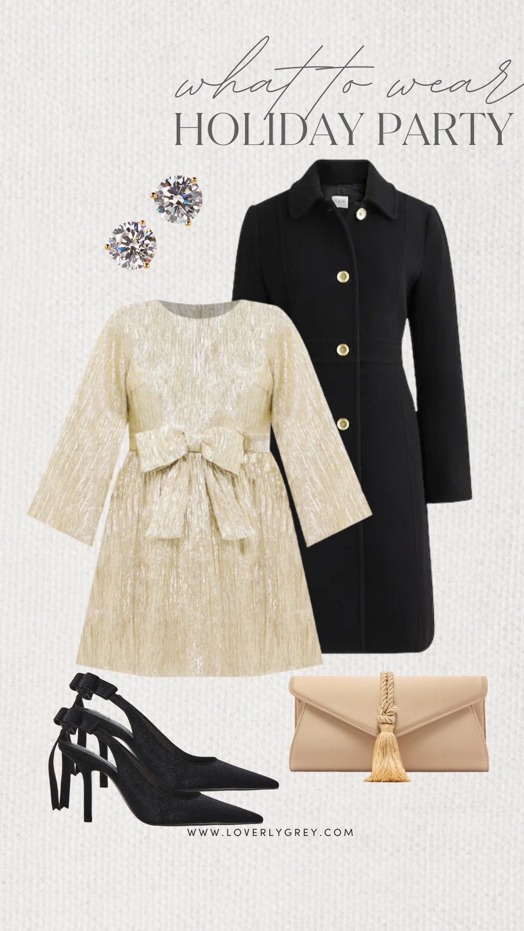 Loverly Grey, what to wear to a holiday party. I can’t get enough of this gold dress with the bow around the waist. I’d pair it with a black coat, heels, and a tan Tuckernuck purse. Add a pair of stud earrings to complete this festive look! Loverly Grey, what to wear, holiday party

#LTKSeasonal #LTKgrwm #LTKHoliday