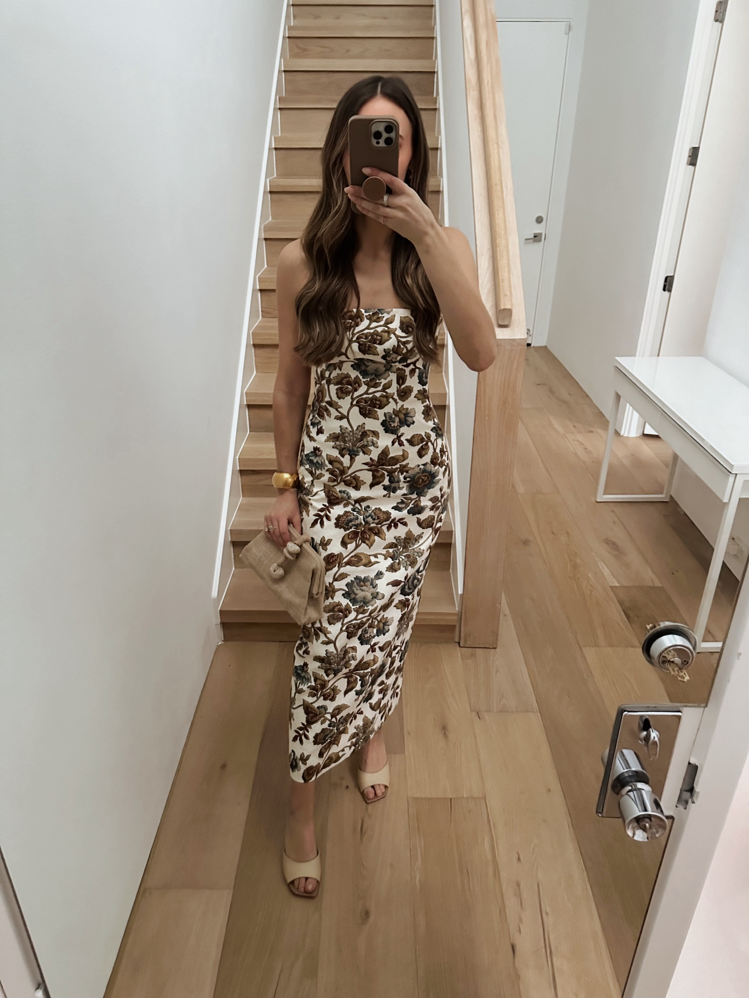 Sir dress size small US 4, Jimmy Choo raffia sandals, Serena Uziyel handbag, and gold cuff from Moda Operandi 