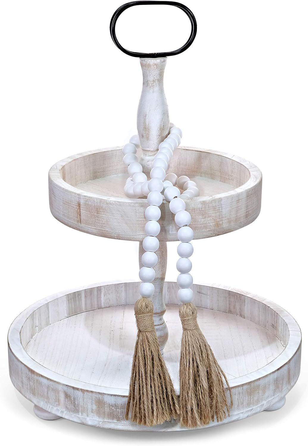 Farmhouse Tiered Tray with Beads Home Decor, Round 2 Tier Tray Cupcake Server, Kitchen Tiered Tra... | Amazon (US)