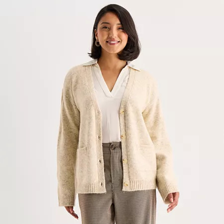 a.n.a Womens V Neck Long Sleeve Button Cardigan, Petite Small, Beige | JCPenney