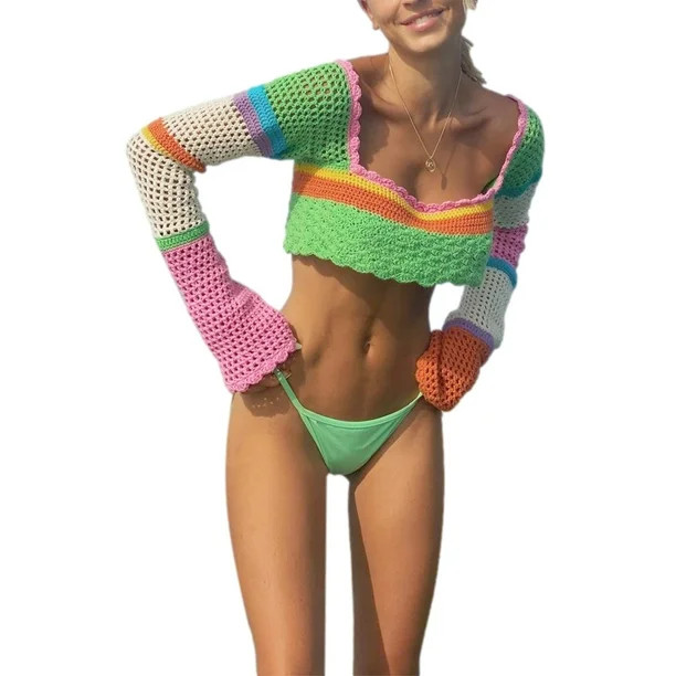 Hirigin Women Y2k Long Sleeve Knit Crop Top Casual Color Block Crochet Cropped Sweater Camisole S... | Walmart (US)