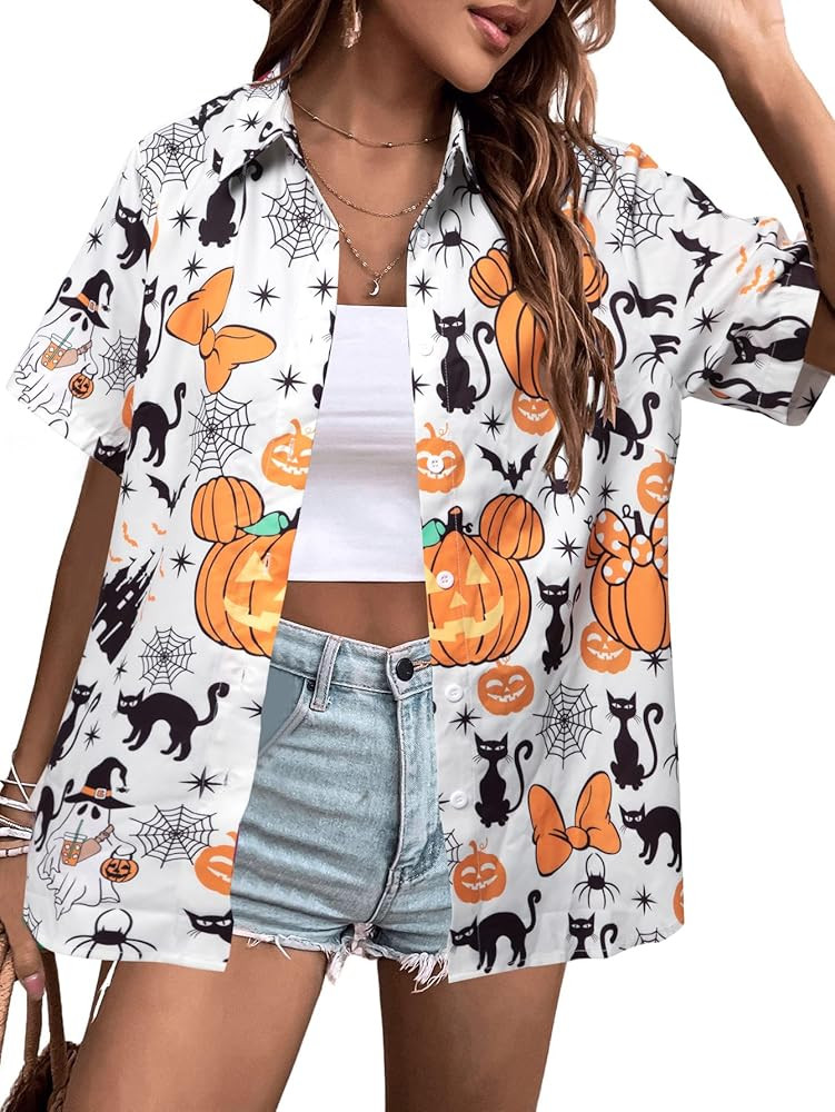 Womens Halloween Hawaiian Shirt Magical Halloween Shirts Button Up Top | Amazon (US)