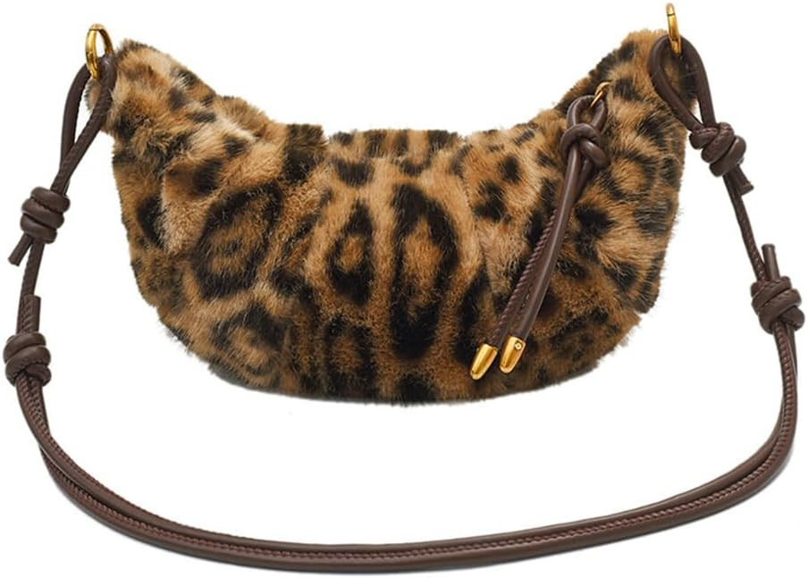 Leopard Fluffy Sling Dumpling Bag Cheetah Print Fuzzy Furry Shoulder Crossbody Crescent Bag Leopard Plush Horn Bag | Amazon (US)