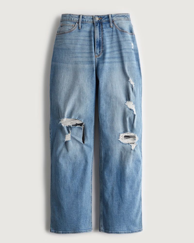 Girls Curvy Ultra High-Rise Medium Wash Ripped Dad Jeans | Girls Bottoms | HollisterCo.com | Hollister (US)