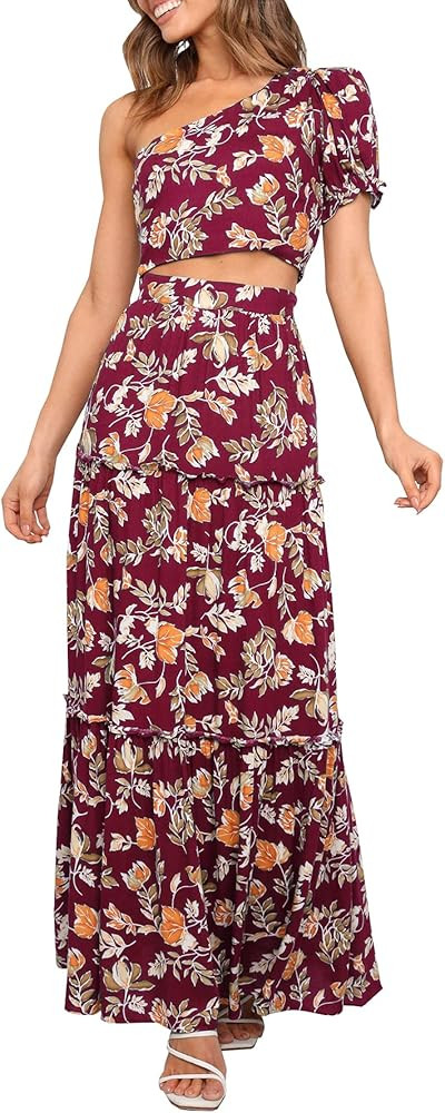 PRETTYGARDEN Women's 2 Piece Summer Outftis Casual Floral One Shoulder Crop Top High Waisted Maxi... | Amazon (US)