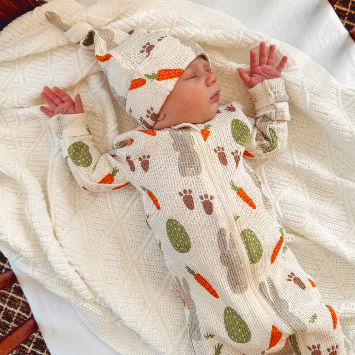 Organic Waffle 2-Way Zip Footie, Cottontail | SpearmintLOVE