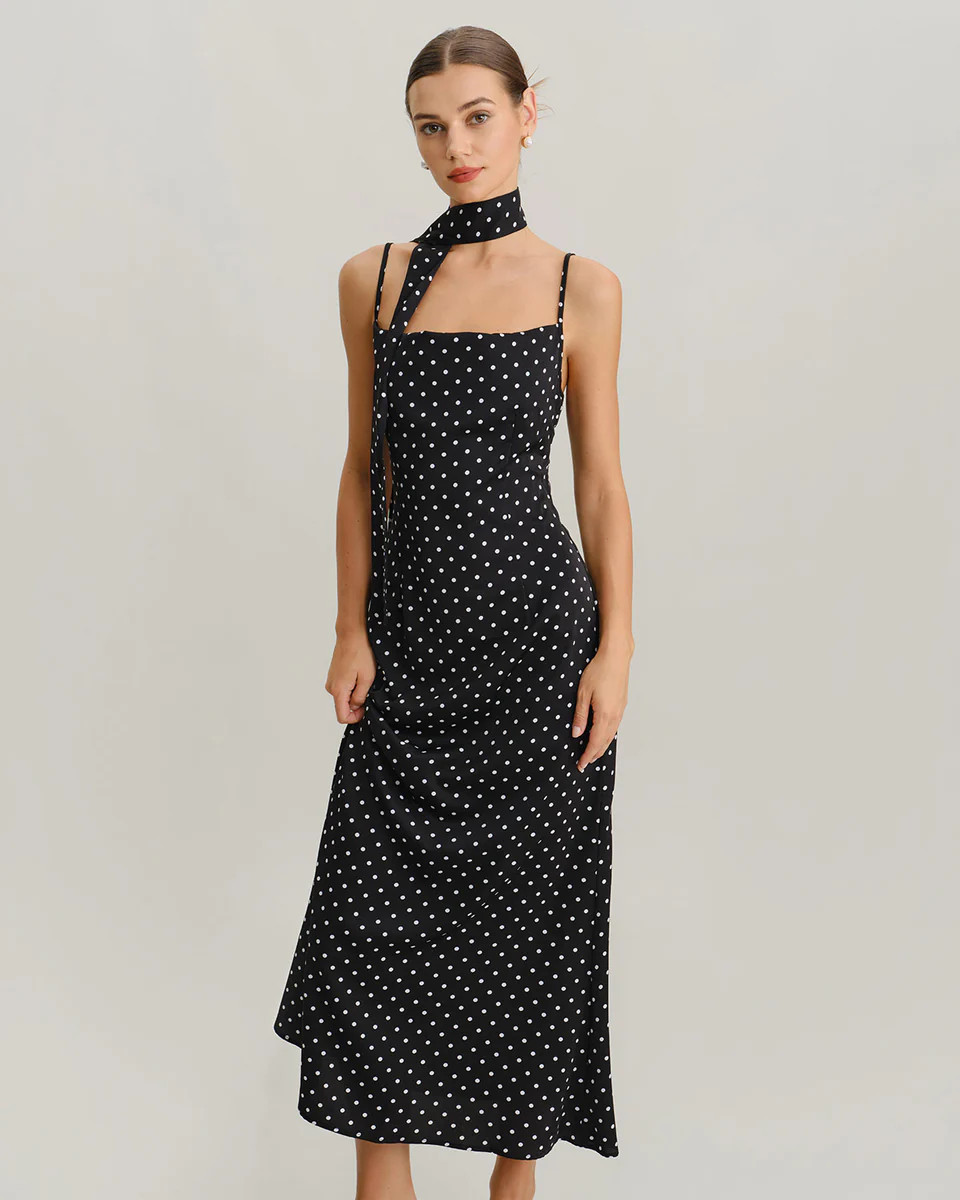 Black Polka Dot Cowl Neck Slip Maxi Dress | rihoas.com