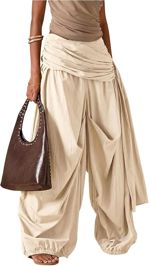 SOLY HUX Women's Baggy Wide Leg Balloon Pants Wrap Ruched Parachute Pants | Amazon (US)