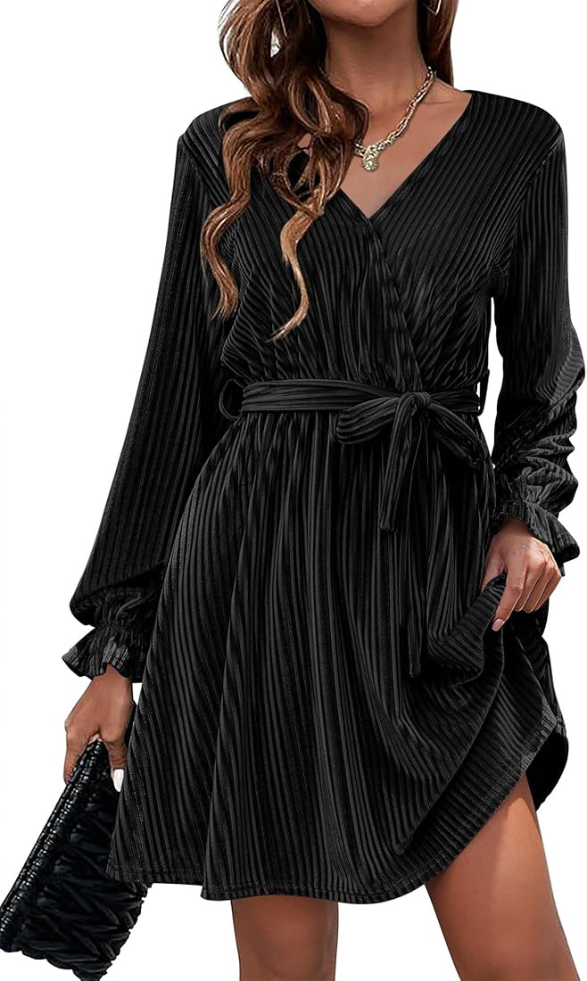 Women's Velvet Dress Wrap V Neck Flared Dress Long Lantern Sleeve Dresses with Belt Cocktail Party D | Amazon (US)