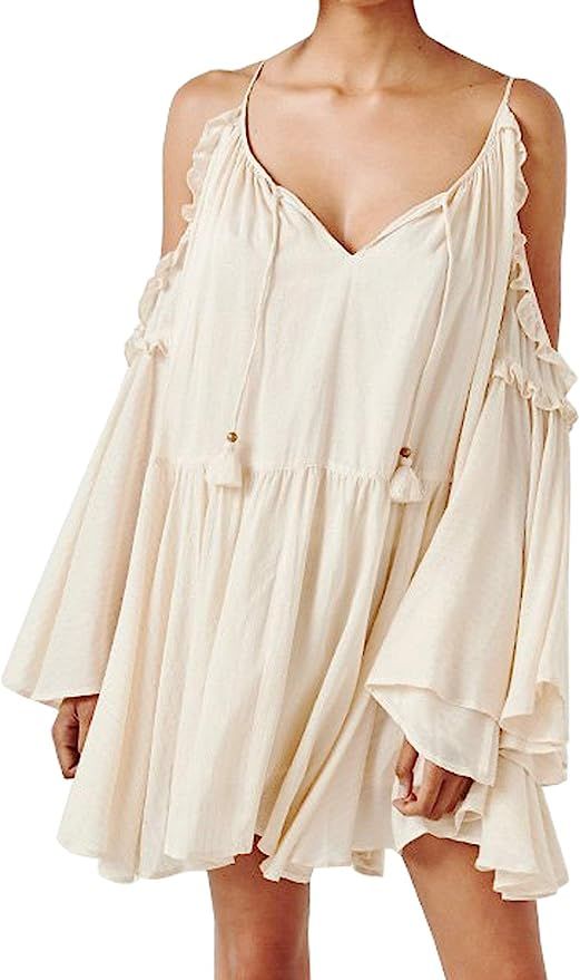 R.Vivimos Women's Cotton Long Sleeve V Neck Cold Shoulder Casual Ruffles Loose Short Dresses | Amazon (US)
